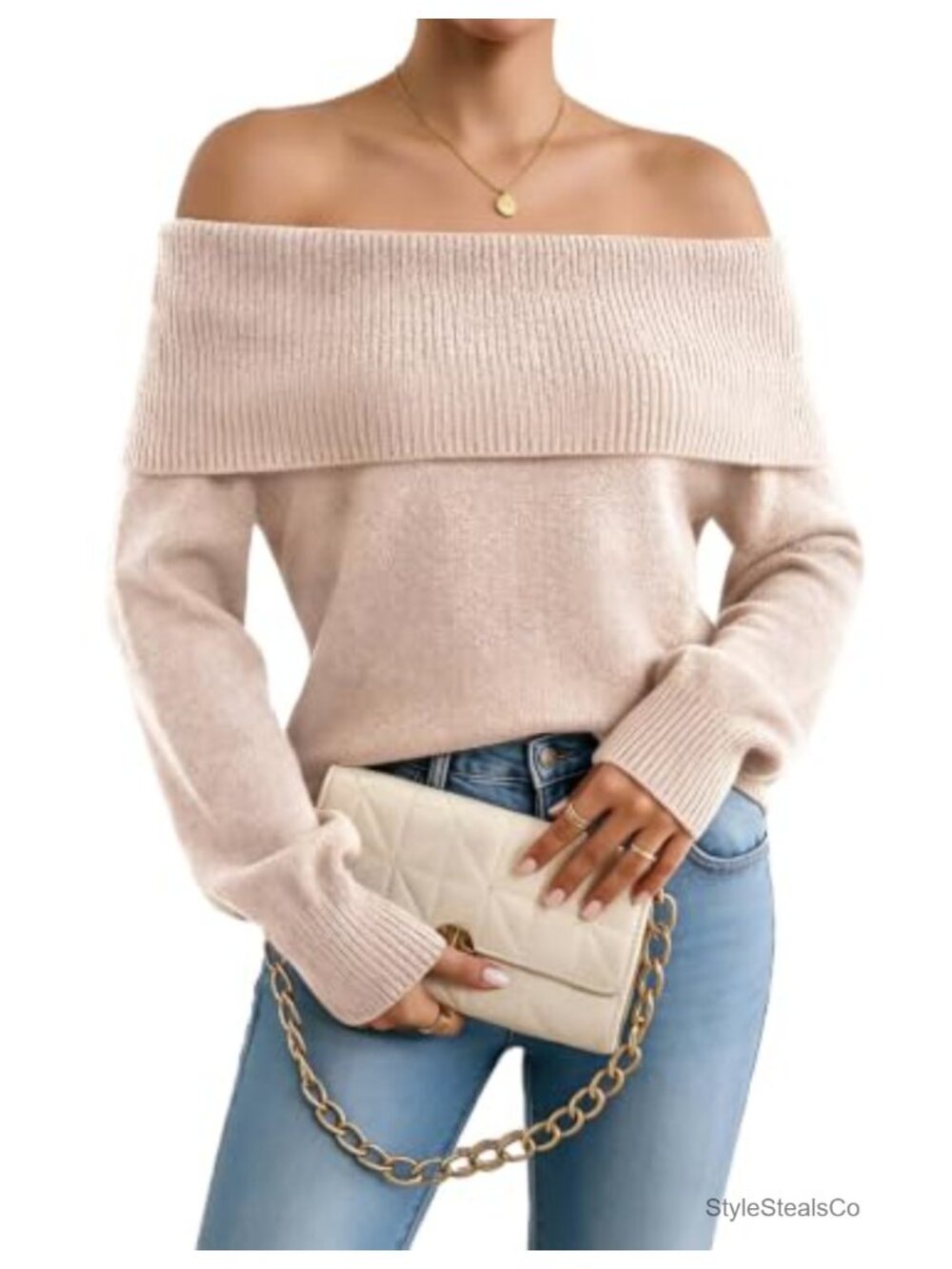 Womens Off Shoulder Ribbed Knit Sweater Slim Fit Pullover
